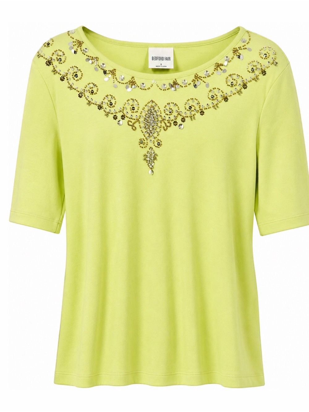 Bedford Fair Embellished Lime Green Top Size Small Rhinestone Beaded Shirt